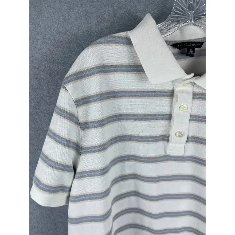 Banana Republic Polo Shirt Mens XL White Striped Short Sleeve‎ Preppy Classic